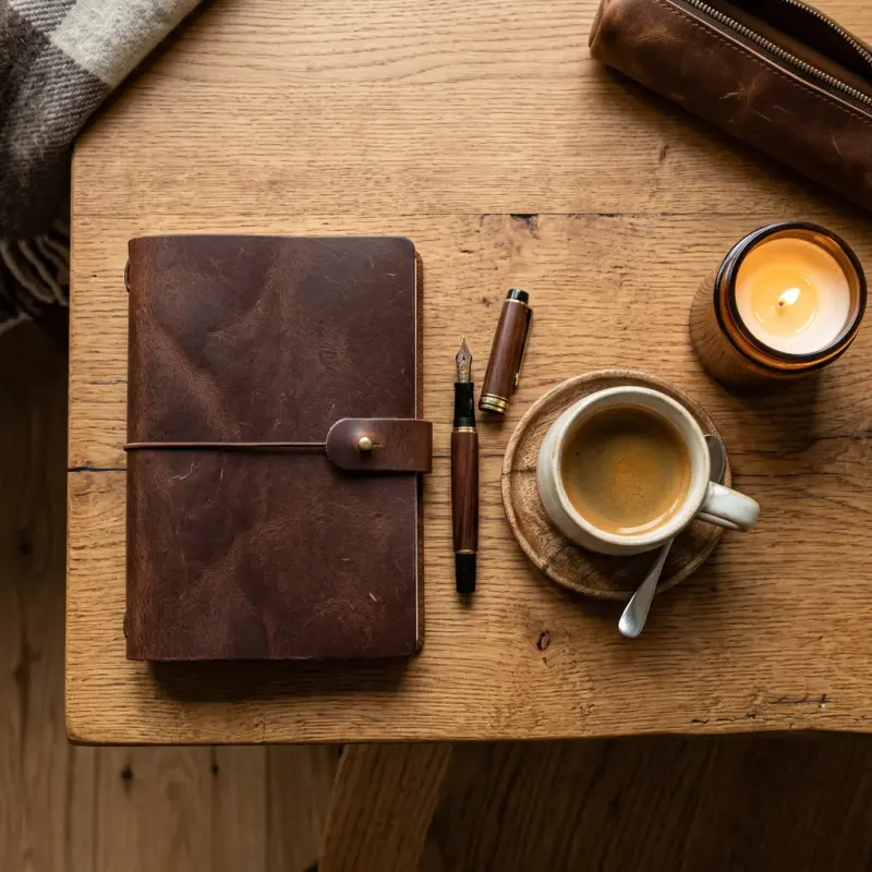 Flatlay Editorial Notizbuch Kaffee